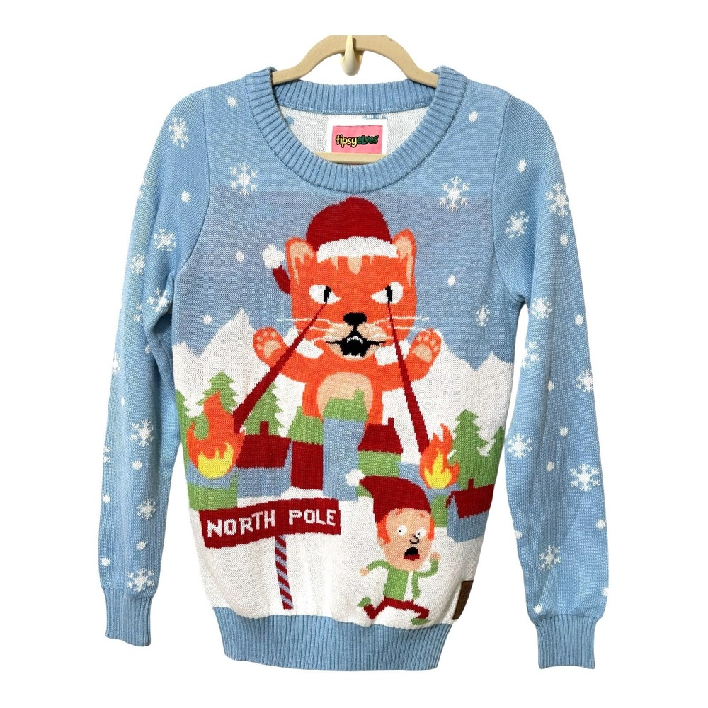 Tipsy Elves Unisex Mens Women's Laser Cat Eyes Sweater M Blue Christmas Xmas Fun